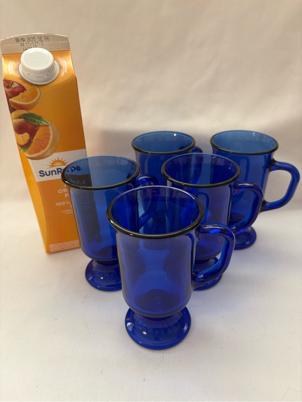 5- Anchor Hocking, cobalt, blue, Irish coffee, footed mugs